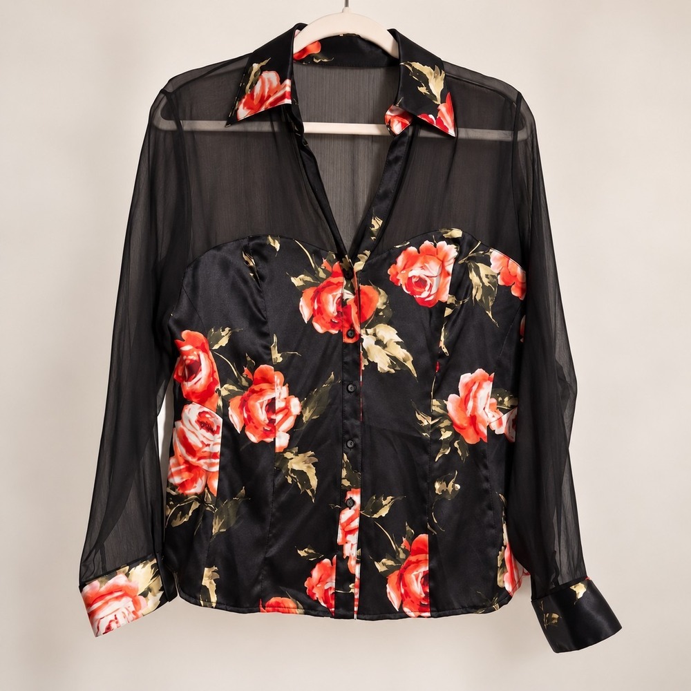 Black Silk Rose Blouse L Sheer Whimsigoth Y2K Romantic Goth Witchy Fairy Grunge